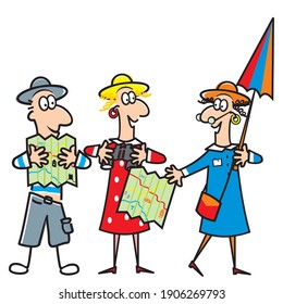 old pair and guide with umbrella, humorous vector illustration