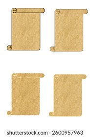 Old paper aesthetic scrolls. Antique pastel parchment manuscript rolled up. Vintage scroll aged appearance with uneven edges. 
