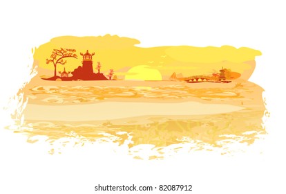 old paper with Asian Landscape