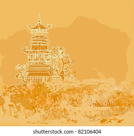old paper with Asian Landscape