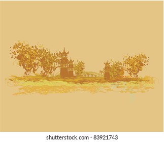old paper with Asian Landscape