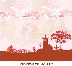 old paper with Asian Landscape