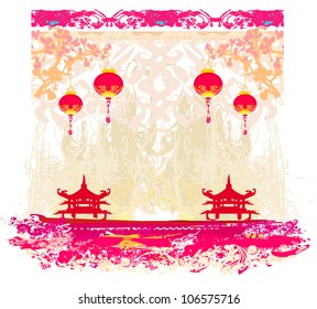 old paper with Asian Landscape and Chinese Lanterns - vintage japanese style background