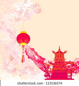  old paper with Asian Landscape and Chinese Lanterns