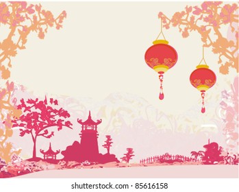 old paper with Asian Landscape and Chinese Lanterns - vintage japanese style background
