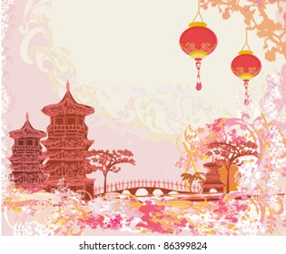 old paper with Asian Landscape and Chinese Lanterns - vintage japanese style background