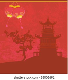 old paper with Asian Landscape and Chinese Lanterns - vintage japanese style background