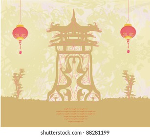 old paper with Asian Landscape and Chinese Lanterns - vintage japanese style background