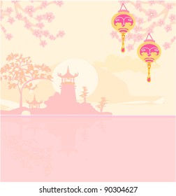 old paper with Asian Landscape and Chinese Lanterns - vintage japanese style background