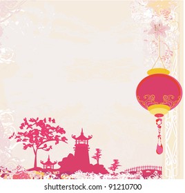 old paper with Asian Landscape and Chinese Lanterns - vintage japanese style background