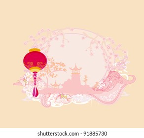 old paper with Asian Landscape and Chinese Lanterns - vintage japanese style background