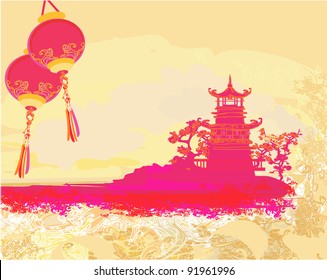 old paper with Asian Landscape and Chinese Lanterns - vintage japanese style background