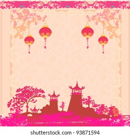old paper with Asian Landscape and Chinese Lanterns - vintage japanese style background
