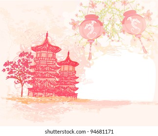 old paper with Asian Landscape and Chinese Lanterns - vintage japanese style background