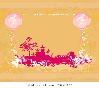 old paper with Asian Landscape and Chinese Lanterns - vintage japanese style background