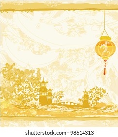 old paper with Asian Landscape and Chinese Lanterns - vintage japanese style background