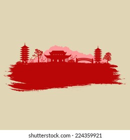 Old paper with asian landscape on vintage asian style grunge background, vector illustration