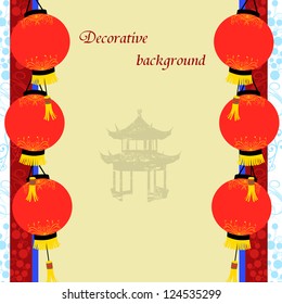 Old paper with asian pagoda and chinese lanterns - vintage asian style background, vector illustration