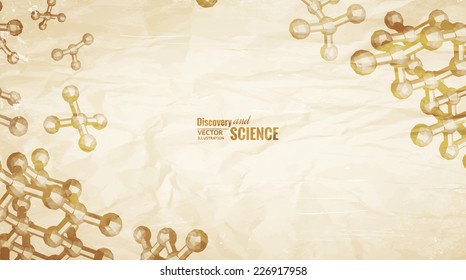 Old paper with atom and molecule pencil image on the corner. Vector illustration.