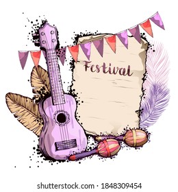 Old paper background. Carnival frame, guitar, flags, maracas.