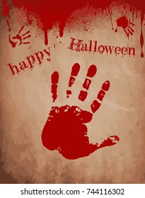 Old paper background with dripping blood, bloody hand prints and happy halloween text. Vector illustration, card, invitation.