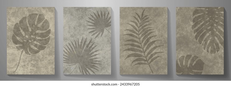 Old paper background with leaves. Set of drawn aged posters for interior design. Vintage vector textured illustration for cards, flyer, poster, cover design and wall art. Hand-drawn botanical art.