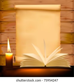 Old paper, candle and open book on wood background. Vector illustration.