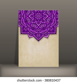 old paper card with purple floral circular pattern - vector illustration. eps 10