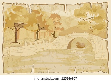 Old paper with Chinese Landscape - vintage background with river, bridge and trees 
