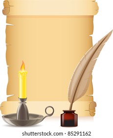 old paper conflagrant candle and feather with inks vector illustration