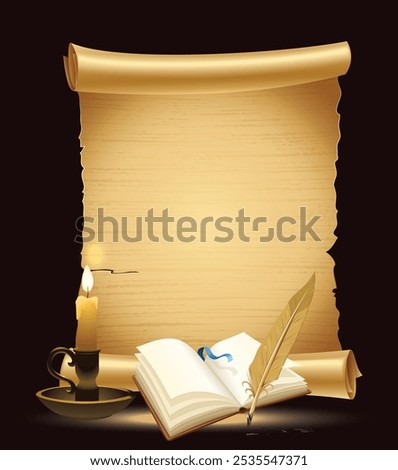 old paper conflagrant candle and feather with inks vector illustration