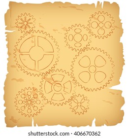 Old paper and connected gears.Background.