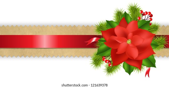 Old Paper Divider With Red Ribbon Poinsettia With Gradient Mesh, Vector Illustration