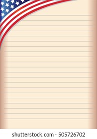 Old paper exercise book with the United States flag in the upper left corner and blank space for text vector design template.