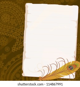 Old paper with feather of peacock