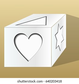 Old paper gift box decorated with paper cut motifs in perspective on beige background with shadow, isolated object drawing