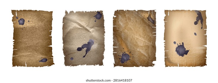 Old paper letters set with ink stains and ripped edges. Vector realistic illustration of antique damaged parchment texture, dirty crumpled pages, grunge background for vintage newspaper or shabby book