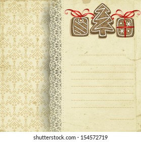 Old paper napkin with lace border, three Christmas cookies and patterned background, Christmas background with space for text