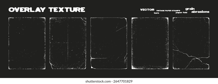 Old paper pages, overlay texture with torn, grain, worn, old, grunge effects. Overlay texture stamp, template frames with different effects. Vintage photo, old paper stamp. Vector graphic set	
