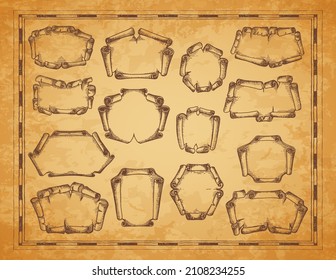 Old paper parchment scroll, manuscript or map. Medieval banners and vintage frames. Ancient manuscript, pirate treasure map decoration, vector sketch documents or cards with etching and ripped paper
