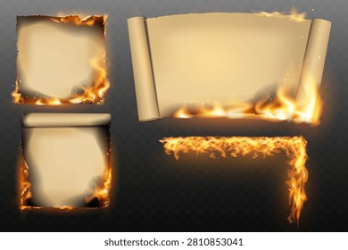 Old paper and parchment scrolls with burning edges creating fiery frames on a transparent background