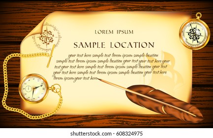 Old paper with a pen and a compass on the background of a blackboard