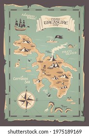 Old paper pirate map with ragged edges in grunge style for treasures hunting vector illustration