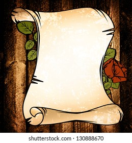 Old Paper With Red Rose Over Wooden Background
