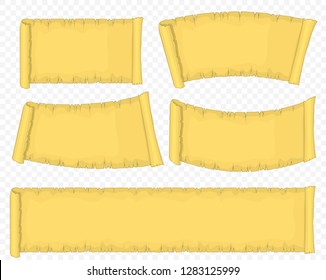 Old paper roll set, Yellow Papyrus scroll, Blank Ancient Manuscript vintage, antique retro page parchment document. Empty grunge letter. Sheet Roll On Both Sides. Vector illustration