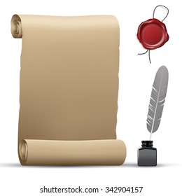 Old Paper Roll, Wax Seal And Feather Pen Isolated On White. Vector Illustration