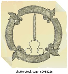 old paper scissors label drawing