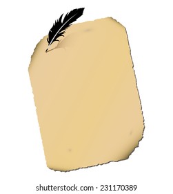 Old paper scroll and feather on white background.