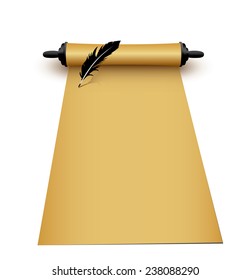 Old paper scroll and feather on white background. 