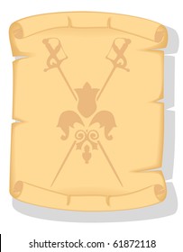 old paper scroll with the image of crossed swords